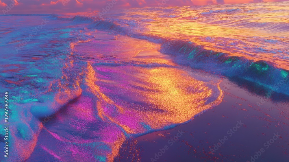 Poster holographic foil texture with flowing prismatic waves, creating an abstract interplay of metallic an