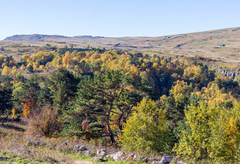 autumn, the morning light of the rising sun illuminates the alpine meadows and the slopes of the...