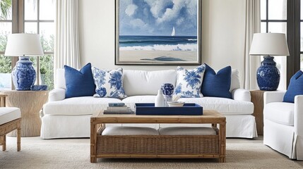 Bright Seaside Living Room with Rattan Accents