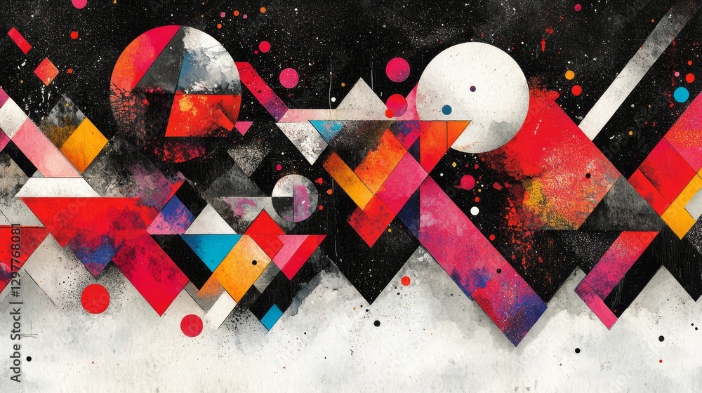 Poster geometric abstraction with vibrant colors and celestial elements creating a unique and modern abstra