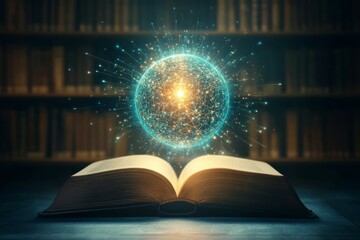 Magical Open Book with Glowing Orb of Light in a Library