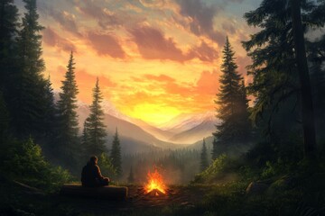 Serene Sunset Camping Scene with Campfire in a Forest Valley