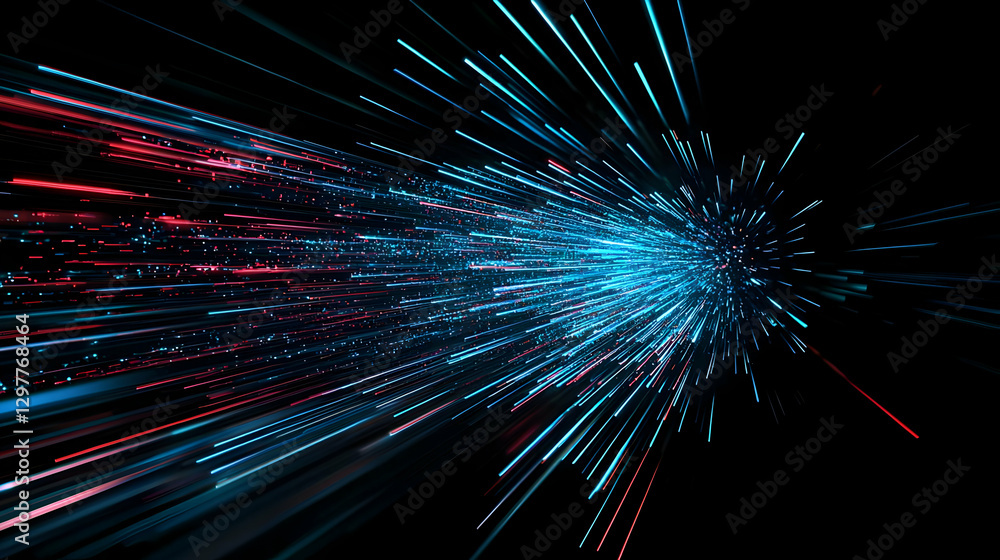 Poster abstract blue and red light trails on black background representing technology data network and inte