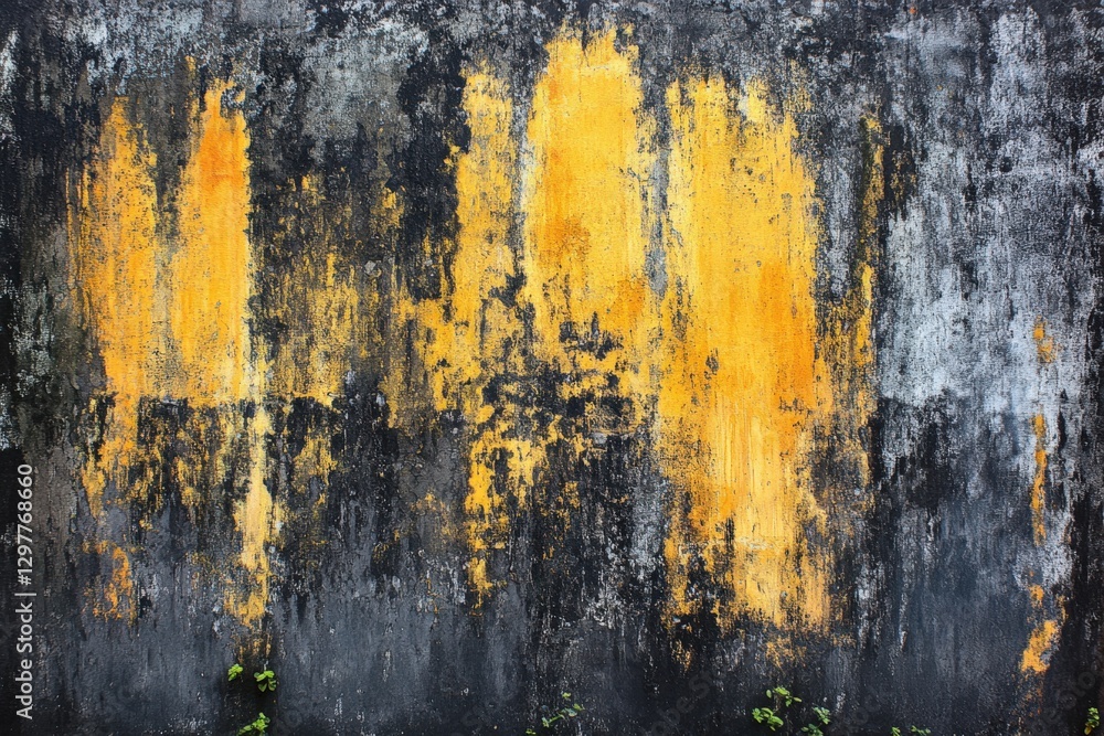 Poster abstract art: a close-up of yellow and black wall texture displaying an aged, weathered surface with
