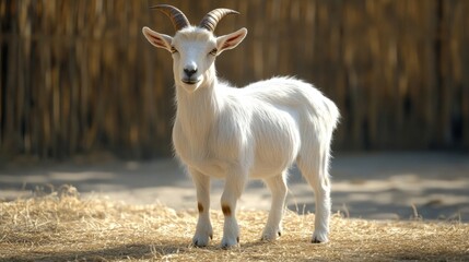 A charming white goat stands on straw in a serene farm environment, showcasing its playful demeanor and gentle nature.