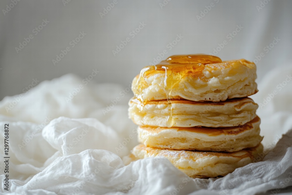 Poster fluffy pancakes stacked high drizzled with golden syrup on a soft white background. generative ai