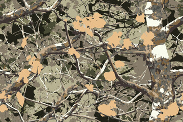 Realistic hunting camouflage seamless pattern design. Forest barks, stems, leaves camouflage background