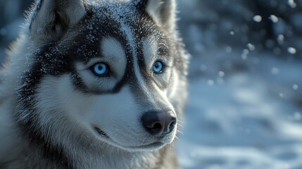Obraz premium Close-up of a majestic husky with striking blue eyes in a snowy landscape, capturing the beauty of winter and wildlife.