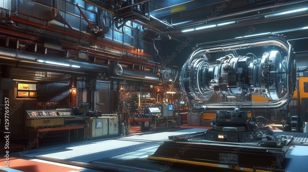 Poster factory environment where a male engineer uses augmented reality to manipulate a holographic engine 