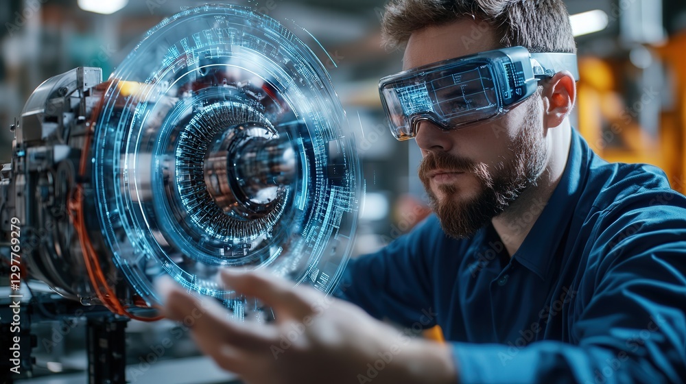 Poster factory environment where a male engineer uses augmented reality to visualize and interact with a ho