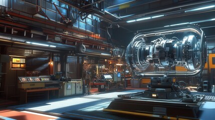 factory environment where a male engineer uses augmented reality to manipulate a holographic engine model,