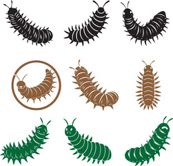 caterpillar illustration silhouette black and color bundle set