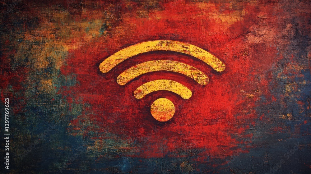 Poster artistic representation of wi-fi signal icon on vibrant abstract background featuring rich red and b