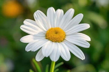 Fototapeta premium Close-up of a beautiful white daisy flower with bright yellow center surrounded by lush green foliage in natural light. Macro backdrop concept.