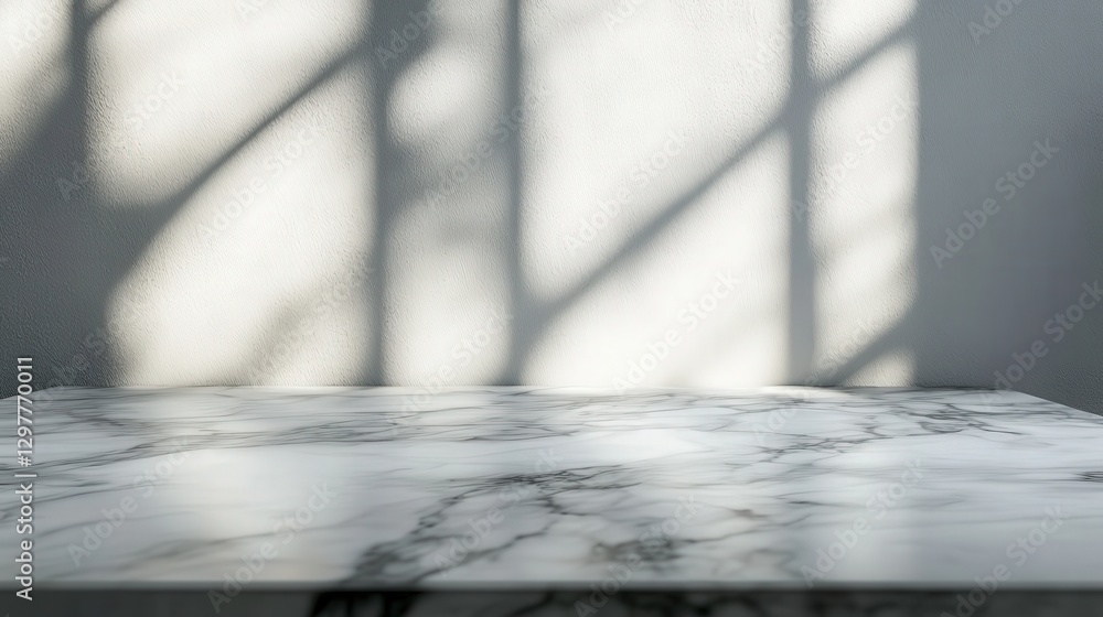 Poster marble tabletop with gentle gray streaks, reflecting soft ambient light, forming abstract shadow pat