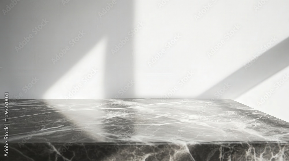 Poster marble tabletop with soft veining, creating dreamy abstract shadows under diffused lighting against 