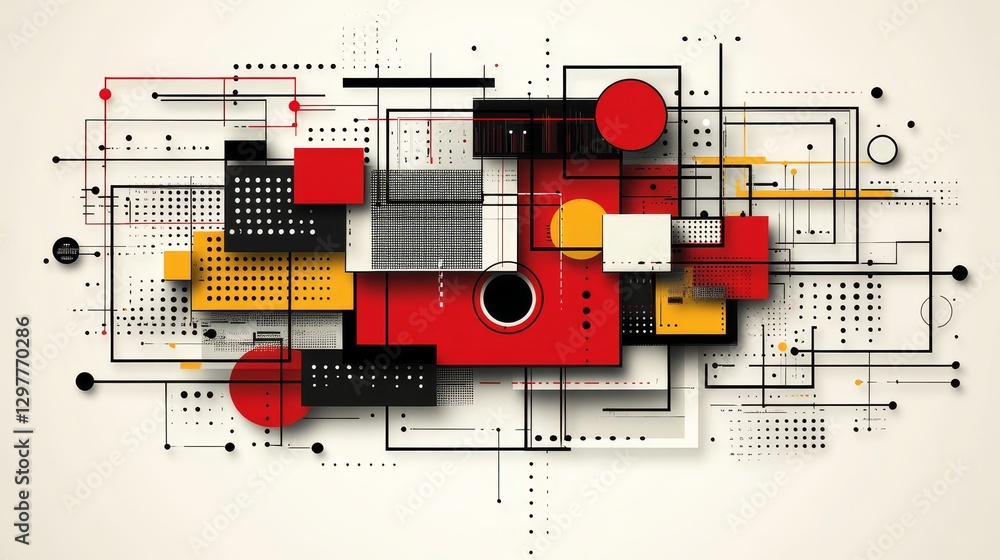 Poster geometric artwork design, dynamic arrangement of shapes and patterns, modern aesthetic with abstract