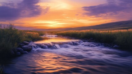 Golden Hour Serenity, A Tranquil River Flowing Under a Vibrant Sunset