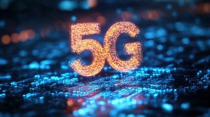 Illuminated 5G Text Against a Blue Digital Background Showcasing the Advancement of Wireless Communication Technology in a Futuristic Environment