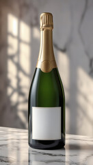 Elegant green glass bottle with golden top and a blank label, set on a marble surface, bathed in soft window light. Sophistication defined.