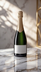 Elegant bottle with blank label on a marble surface, bathed in soft light, offering luxury and sophistication for a special occasion.