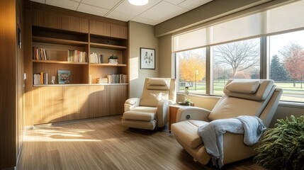 Fototapeta premium hospital suite with an exclusive library corner, plush reclining chairs, a warm wool blanket collection, and a therapeutic light therapy setup.