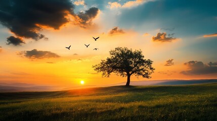 Fototapeta premium Silhouetted tree against a vibrant sunset sky with birds flying overhead.
