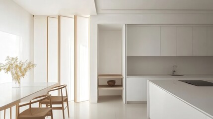 kitchen with polished white counters and a folding screen near a white wall. The space is airy and sleek, designed for those who appreciate clean, minimalist aesthetics.