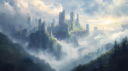 Fototapeta premium Futuristic Sustainable Metropolis Amid Misty Mountain Landscape