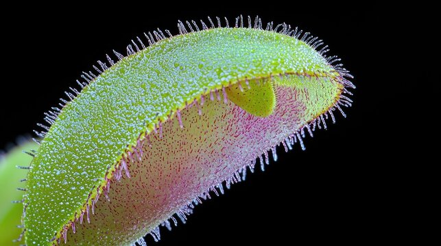 Close-up of Venus flytrap leaf, dewdrop, black background, plant biology