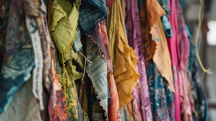 Vibrant Textiles Hanging on a Rack in a Colorful Atelier with Various Patterns and Textures