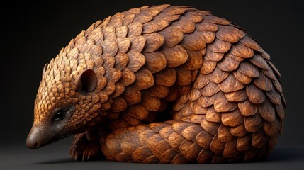 Obraz premium A beautifully crafted wooden sculpture of a pangolin, showcasing intricate details and a polished finish against a dark background.