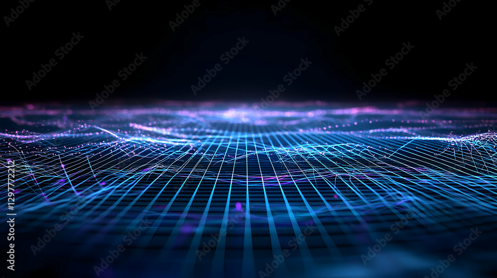 Poster abstract digital network visualization of blue and purple grid wave with light and technology backgr