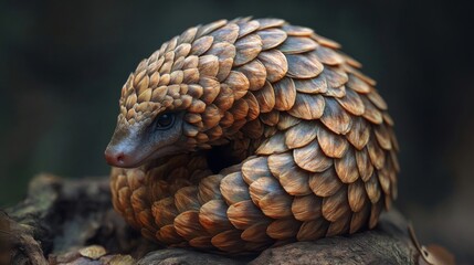 Fototapeta premium A close-up view of a curled pangolin, showcasing its unique scales and intricate textures, highlighting the beauty of wildlife.