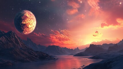 A beautiful fantasy landscape with a large moon and a red sky.