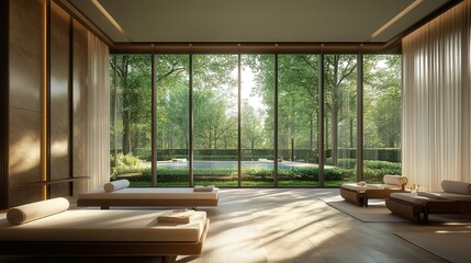 luxurious recovery room with floor-to-ceiling windows, soft ambient music, and a personalized wellness program