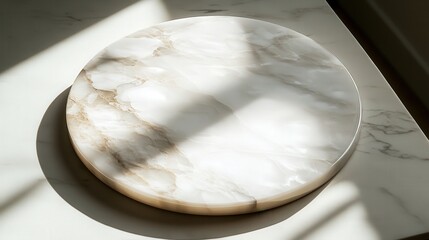 pearl-white marble tabletop, catching soft morning light, forming exquisite abstract shadow overlays.