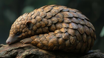 Obraz premium A serene close-up of a curled pangolin resting on a log, showcasing its unique scales in a lush, green environment.