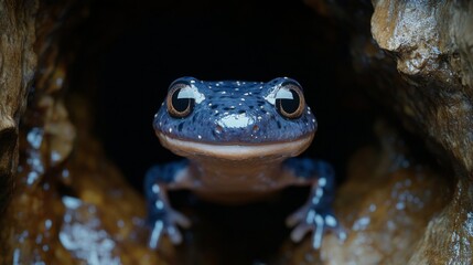 A vibrant blue frog peeking out from a hollow log, showcasing its unique features and vivid colors in a natural setting.