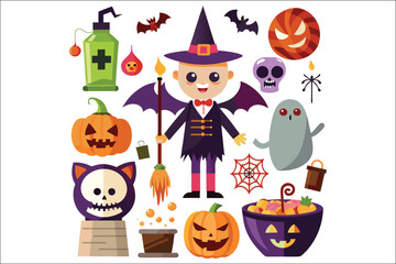 Collection of Halloween pumpkins with scary faces and autumn decorations
