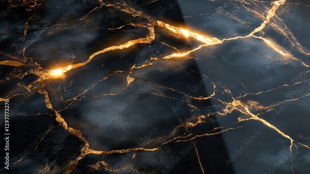 Poster rich and glossy marble tabletop with subtle gold streaks, gently illuminated to form subtle, layered