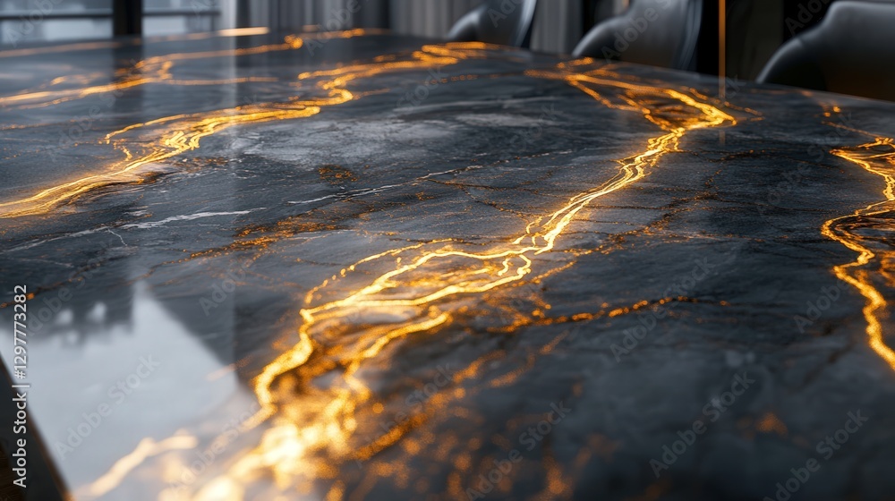 Poster rich and glossy marble tabletop with subtle gold streaks, gently illuminated to form subtle, layered