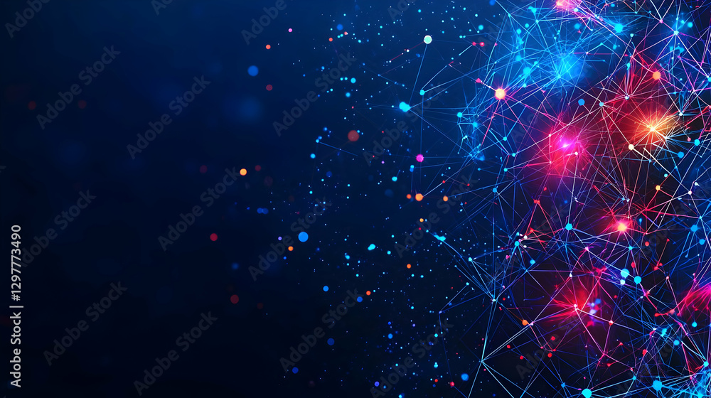 Poster abstract digital data sphere with colorful particles on dark blue background