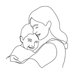 Mothers Love One Line Drawing of Tender Embrace, Child, Mom