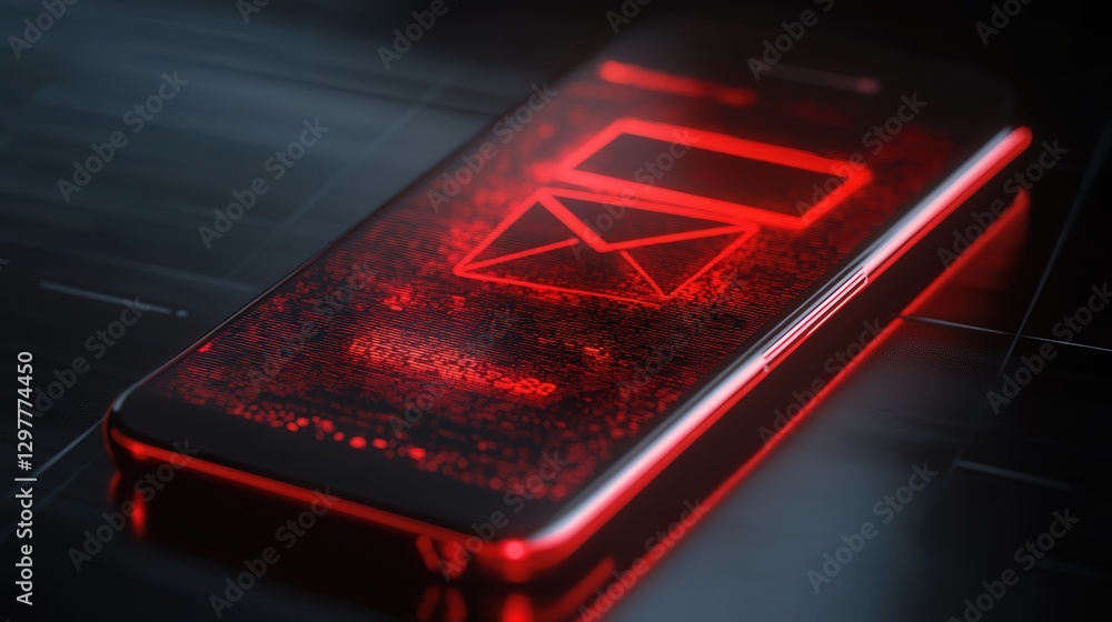 Poster mobile phone with a hacked email warning, red text message phishing alert, and scam malware notifica