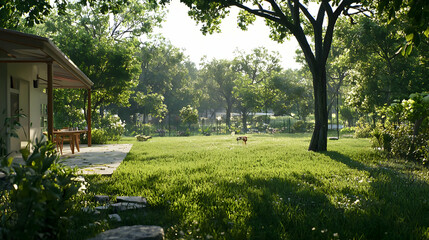 Obraz premium Lush Green Lawn with Backyard House and Trees Under Sunlight Creating Peaceful Outdoor Scene