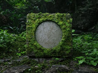 Mossy stone monument in a lush forest.