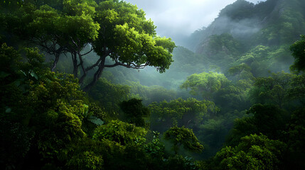 Obraz premium Lush Green Forest with Trees and Mist Under Sunlight Creating Tranquil Atmospheric Landscape