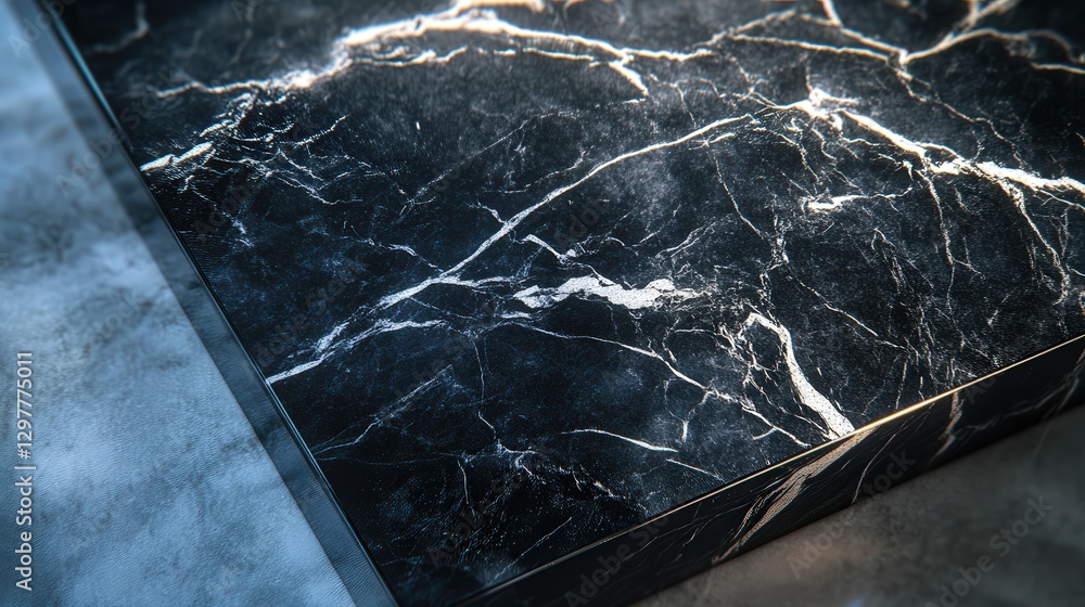 Poster dark marble tabletop with glossy surface, reflecting overhead light, creating stunning abstract shad