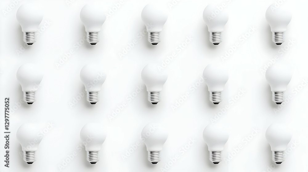 Poster white light bulbs arranged in rows on a white surface creating a repeating pattern